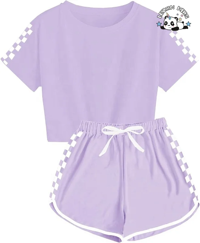 LEZONKIDS - Novo Estilo de Conjunto de 2 Peças para Meninas com Camisa de Manga Curta Xadrez e Shorts